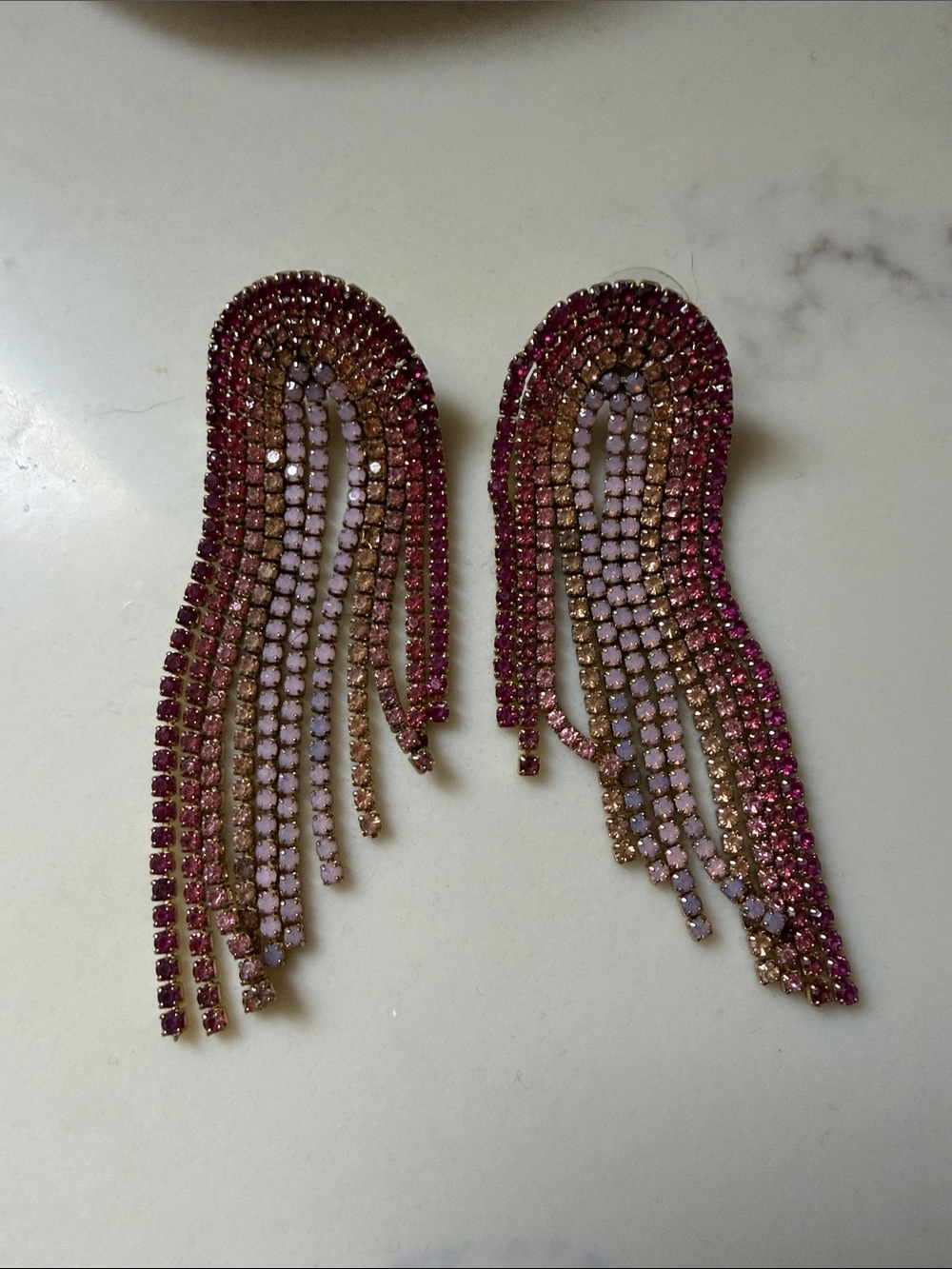 Pink & Gold Crystal Fringe Statement Earrings - Women Jewelry